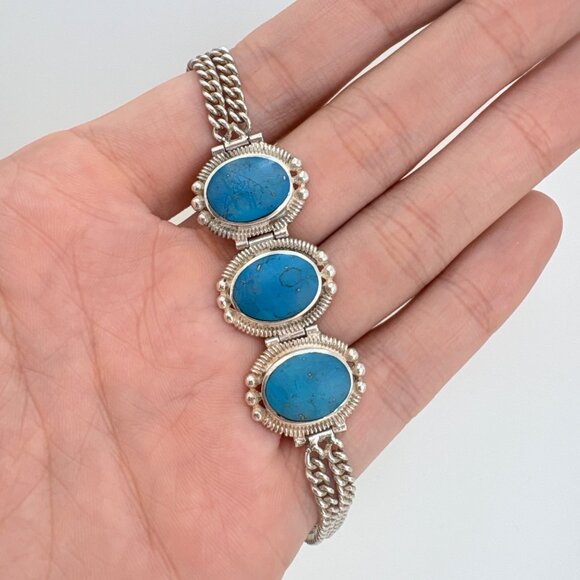 VTG Sterling Silver 925 Turquoise Double Curb Link Chain Bracelet 8.5" Length - Picture 4 of 12